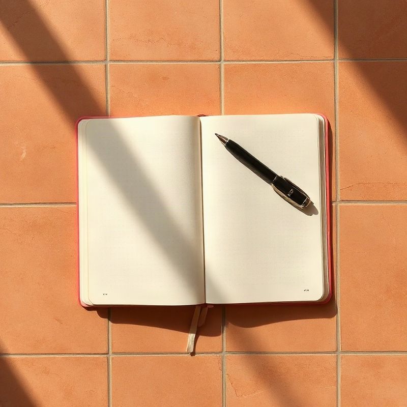 Libreta abierta y bolígrafo listos para escribir sobre superficie con luz cálida