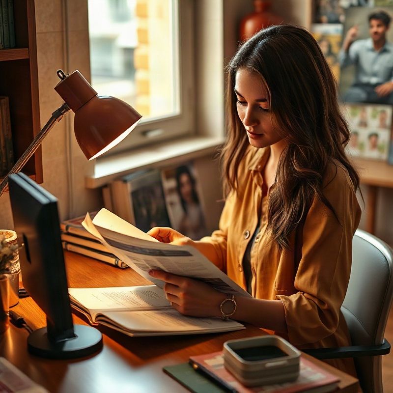 Retrato candid de una mujer en un pequeño escritorio editorial revisando páginas impresas con luz cálida