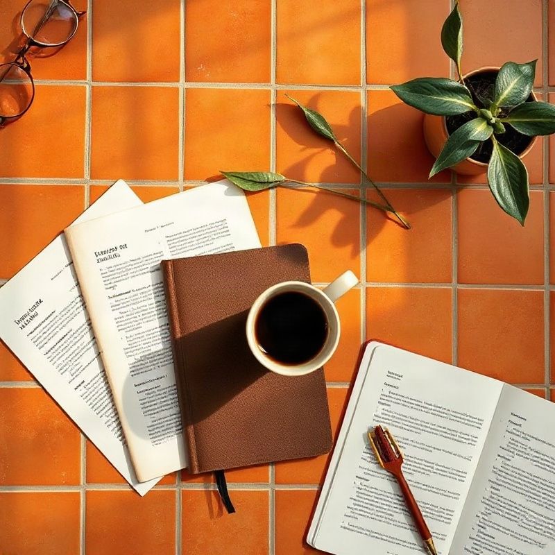 Escritorio con libretas, artículos impresos y taza de café en tonos terracota cálida