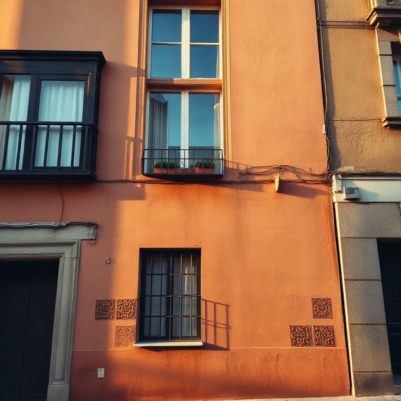 Fachada de un edificio residencial en un barrio de Bilbao con luz cálida de mañana