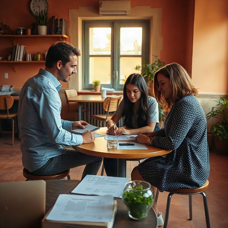 Grupo pequeño conversando alrededor de una mesa con borradores impresos en un espacio de trabajo con luz cálida