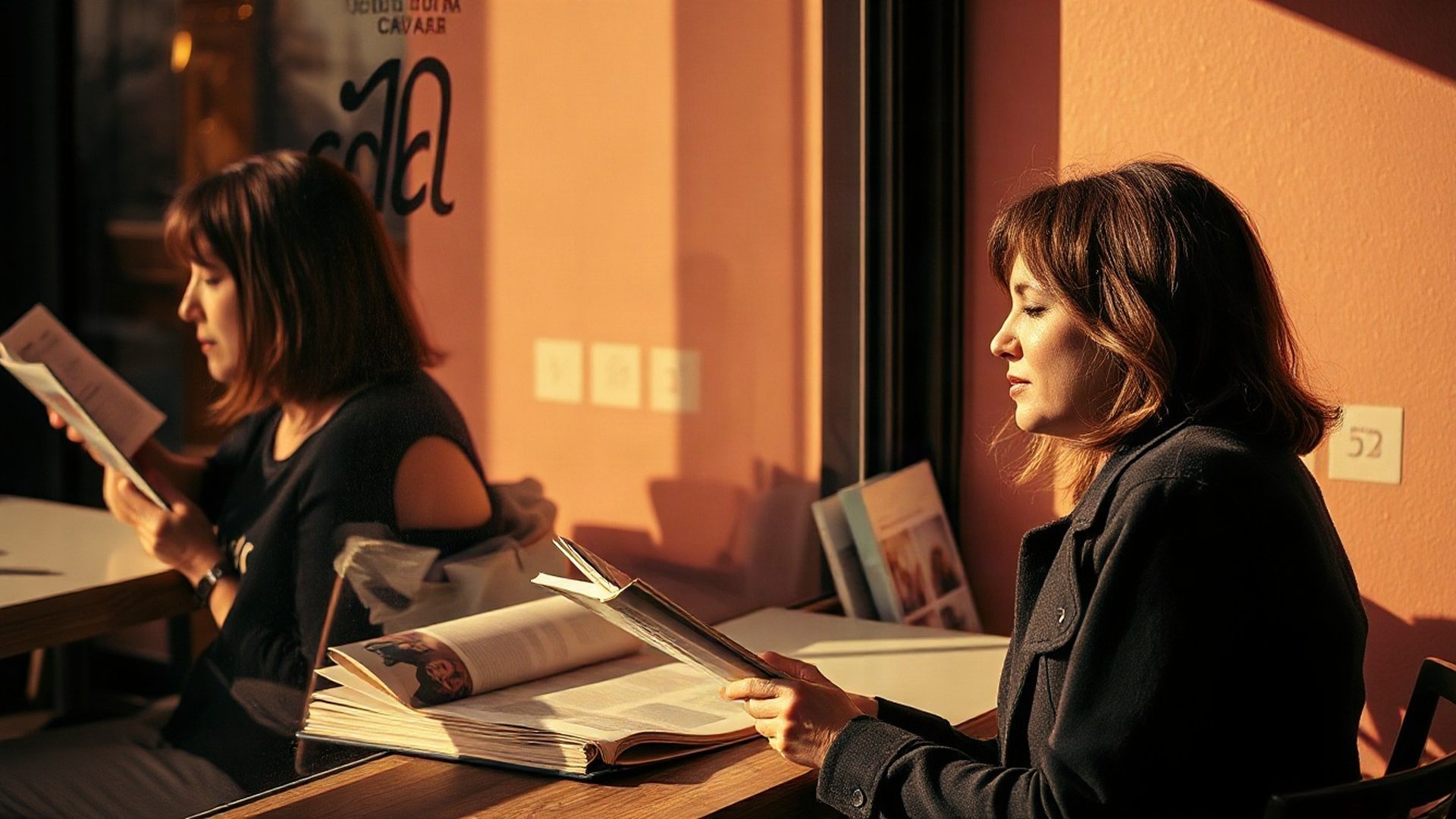Lector con una revista impresa junto a la ventana de una cafetería de Bilbao con luz cálida